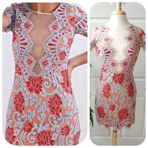 Storia Lace Sheer Plunge Bodycon Mini Dress Medium